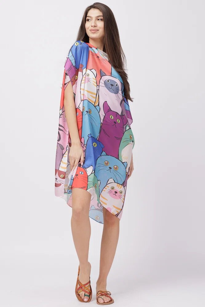 Shopika Rochie de plaja tip poncho din matase cu imprimeu pisici multicolore