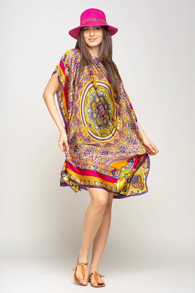 Shopika Rochie de plaja tip poncho din matase cu mandala centrala in chenar fucsia si mov