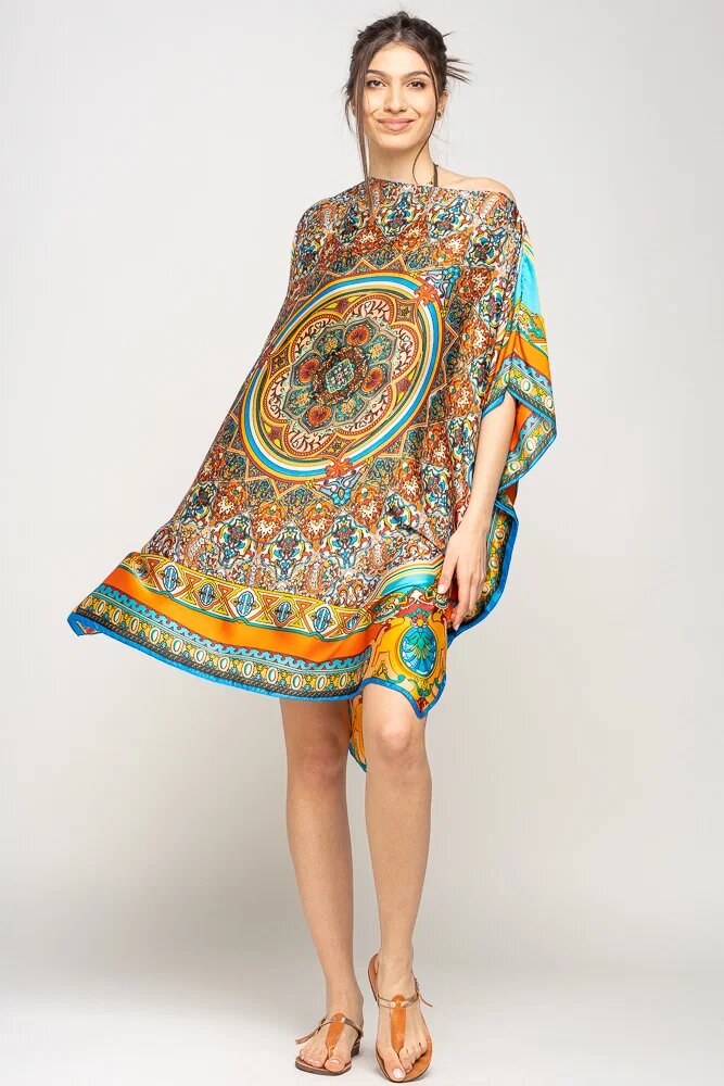 Shopika Rochie de plaja tip poncho din matase cu mandala centrala in chenar portocaliu si albastru