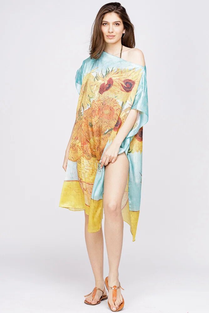 Shopika Rochie de plaja tip poncho din matase cu model inspirat dupa Floarea Soarelui de Van Gogh