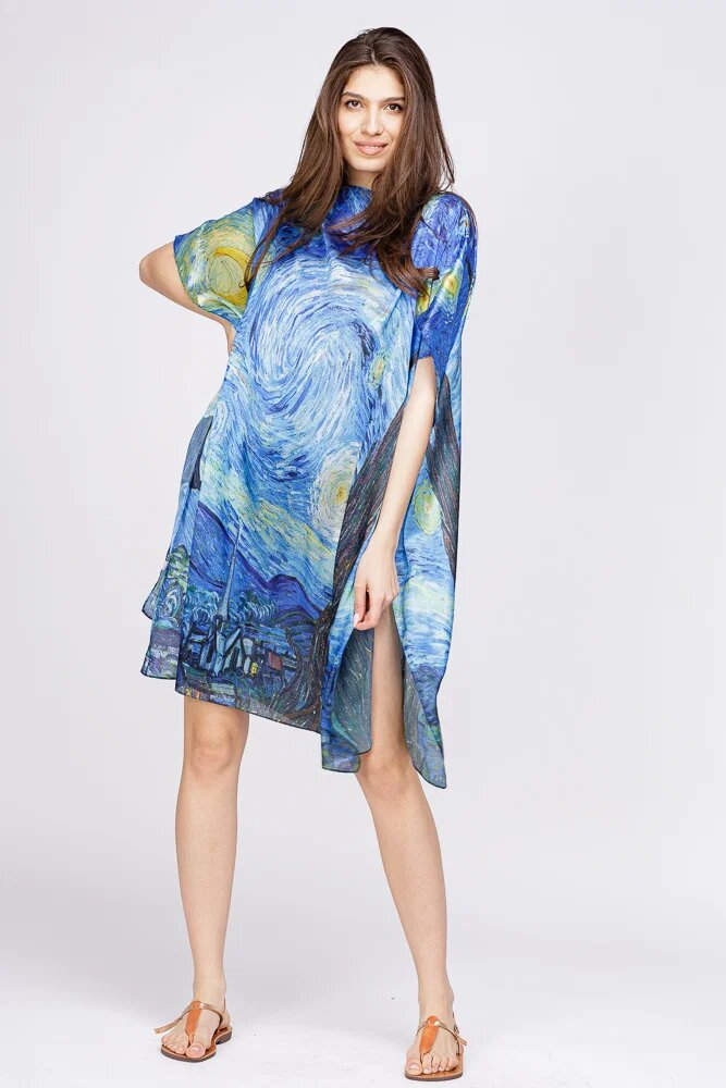 Shopika Rochie de plaja tip poncho din matase cu model inspirat dupa Noaptea Instelata - de Van Gogh