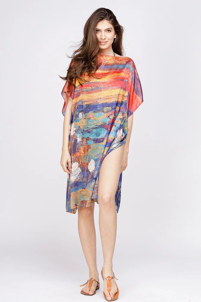 Shopika Rochie de plaja tip poncho din matase cu model inspirat dupa o pictura celebra
