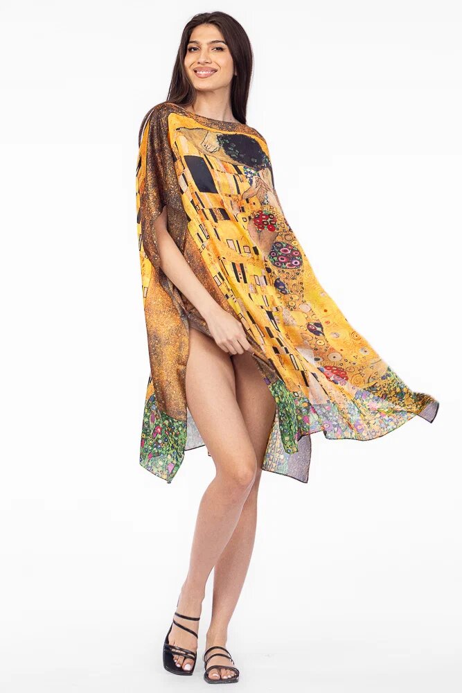 Shopika Rochie de plaja tip poncho din matase cu model inspirat dupa Sarutul de Gustav Klimt