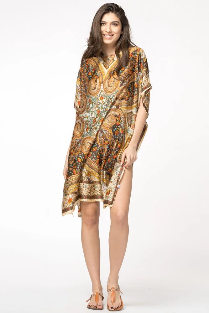 Shopika Rochie de plaja tip poncho din matase cu motive orientale pe fond bej