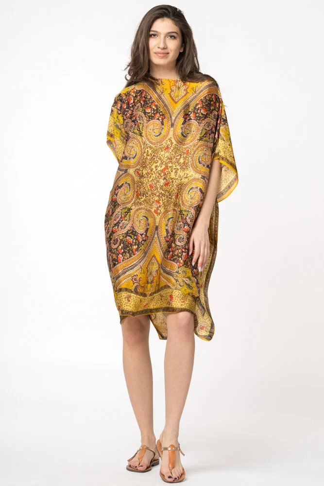 Shopika Rochie de plaja tip poncho din matase cu motive orientale pe fond galben auriu