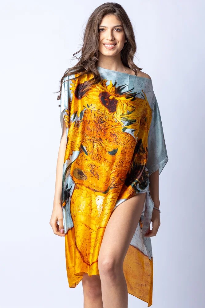 Shopika Rochie de plaja tip poncho din matase cu stilizare Floarea Soarelui pe fond gri