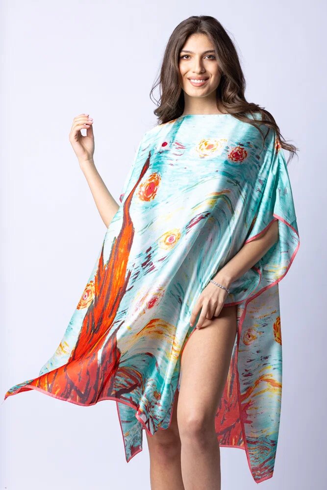 Shopika Rochie de plaja tip poncho din matase cu stilizare Noaptea Instelata pe fond aqua