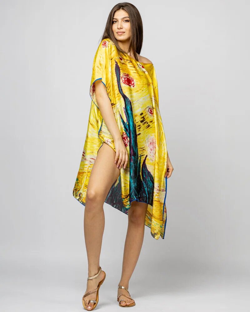 Shopika Rochie de plaja tip poncho din matase cu stilizare Noaptea Instelata pe fond galben