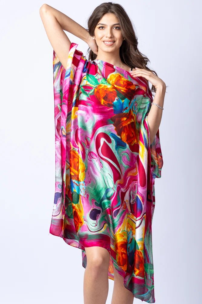 Shopika Rochie de plaja tip poncho din matase cu trandafiri orange pe fond fucsia