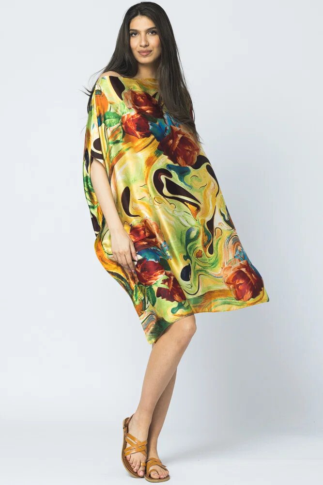 Shopika Rochie de plaja tip poncho din matase cu trandafiri pe fond galben