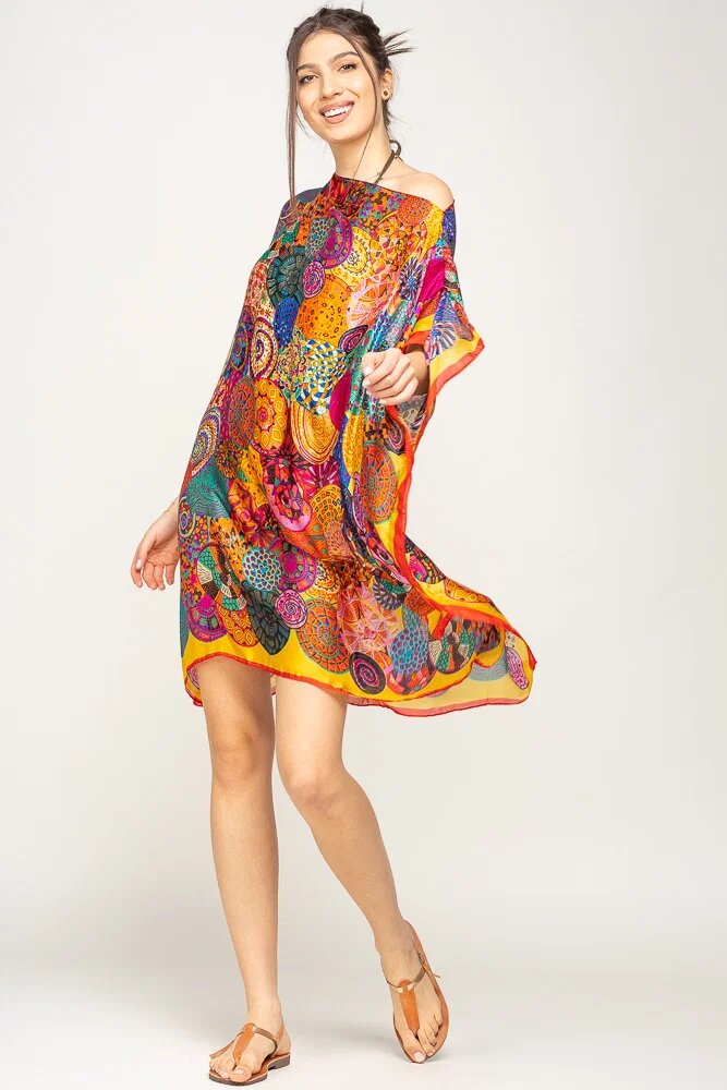 Shopika Rochie de plaja tip poncho din matase imprimat cu mandale multicolore cu rosu si galben pe margine