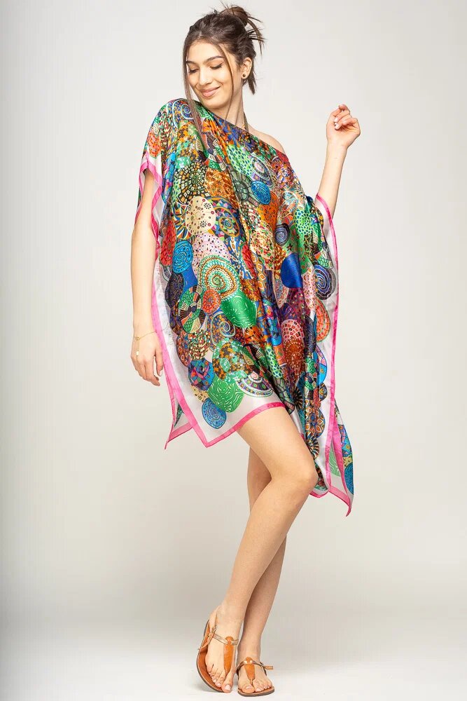 Shopika Rochie de plaja tip poncho din matase imprimat cu mandale multicolore cu roz si alb pe margine