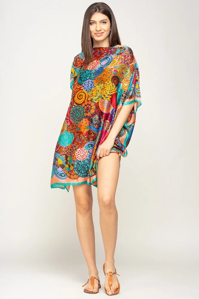 Shopika Rochie de plaja tip poncho din matase imprimat cu mandale multicolore cu turcoaz si corai pe margine