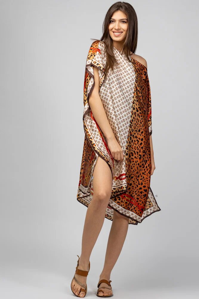 Shopika Rochie de plaja tip poncho din matase imprimat cu model animal print pe fond caramiziu