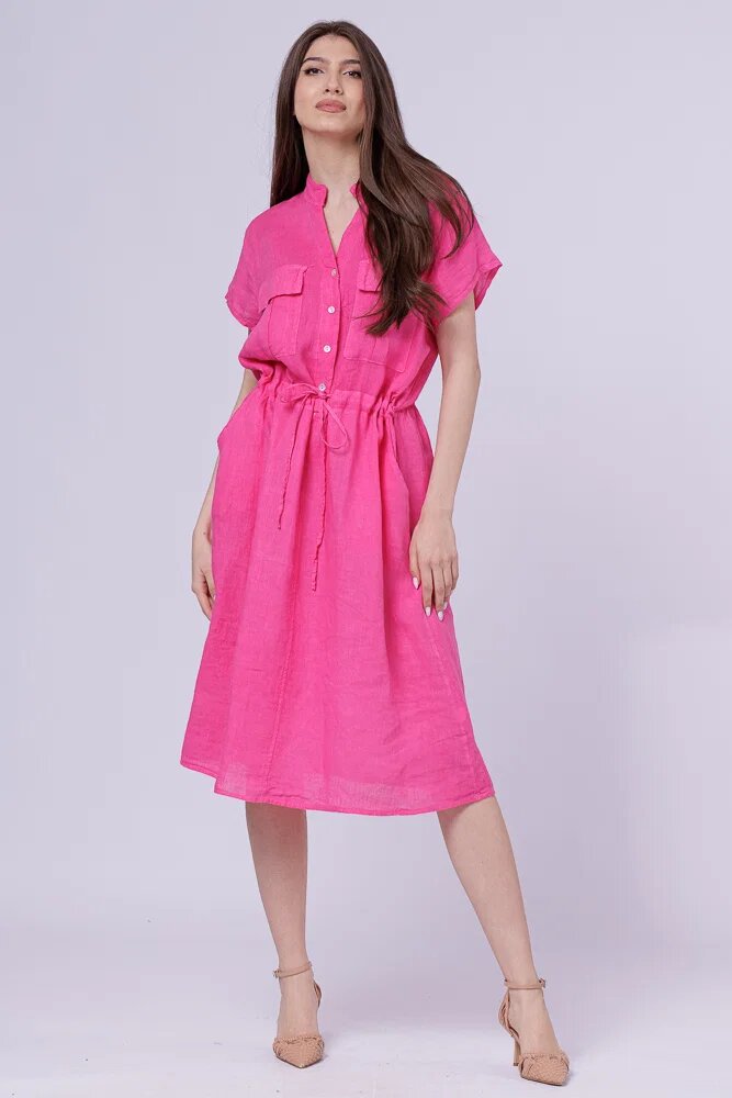Shopika Rochie de vara midi din in cu buzunare si siret in talie fucsia