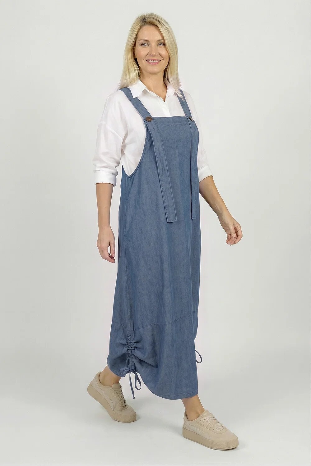 Shopika Rochie de vara tip sarafan lung cu bretele si snur reglabil din denim subtire bleu