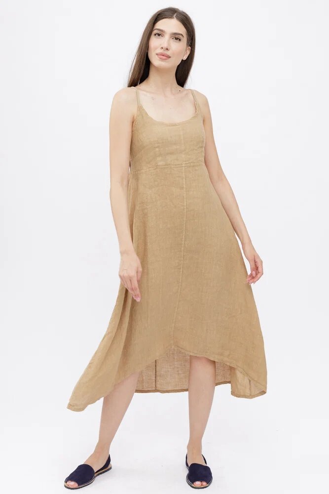 Shopika Rochie din in cu bretele reglabile si elastic la spate camel