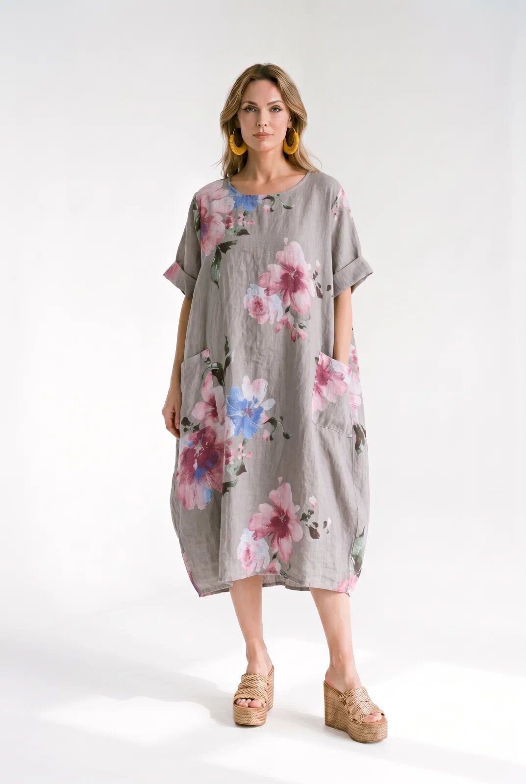 Shopika Rochie din in cu imprimeu floral si croi balon cu buzunare bej inchis