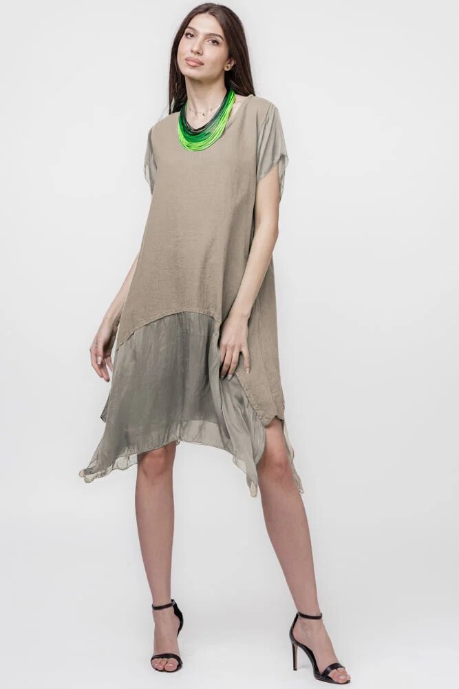 Shopika Rochie din in cu volan din matase naturala si colturi bej inchis