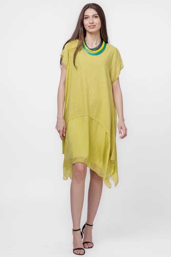 Shopika Rochie din in cu volan din matase naturala si colturi galbena