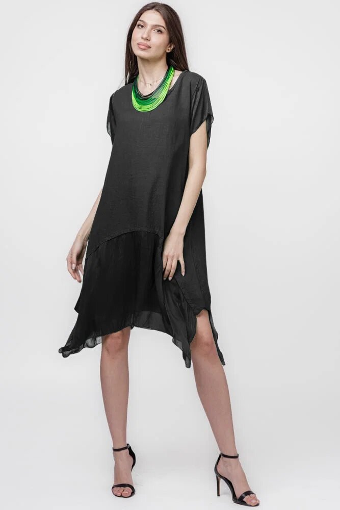 Shopika Rochie din in cu volan din matase naturala si colturi neagra