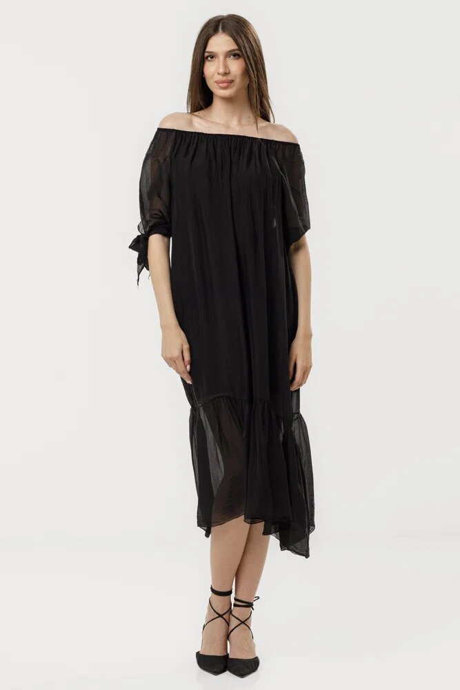 Shopika Rochie din matase si vascoza cu detalii feminine si croiala lejera neagra