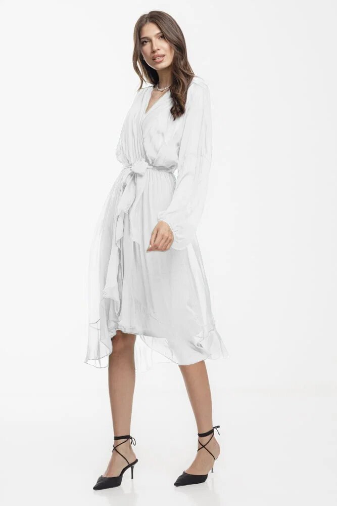 Shopika Rochie eleganta din matase si vascoza petrecuta cu maneci vaporoase si croiala asimetrica alba