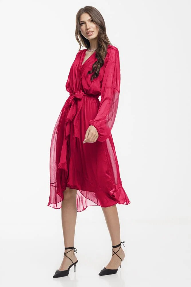 Shopika Rochie eleganta din matase si vascoza petrecuta cu maneci vaporoase si croiala asimetrica fucsia