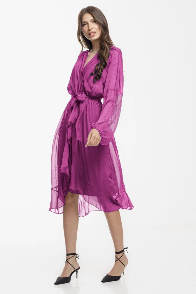 Shopika Rochie eleganta din matase si vascoza petrecuta cu maneci vaporoase si croiala asimetrica mov zme