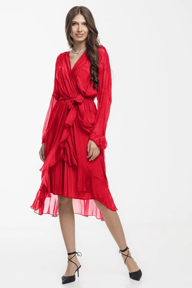 Shopika Rochie eleganta din matase si vascoza petrecuta cu maneci vaporoase si croiala asimetrica rosie