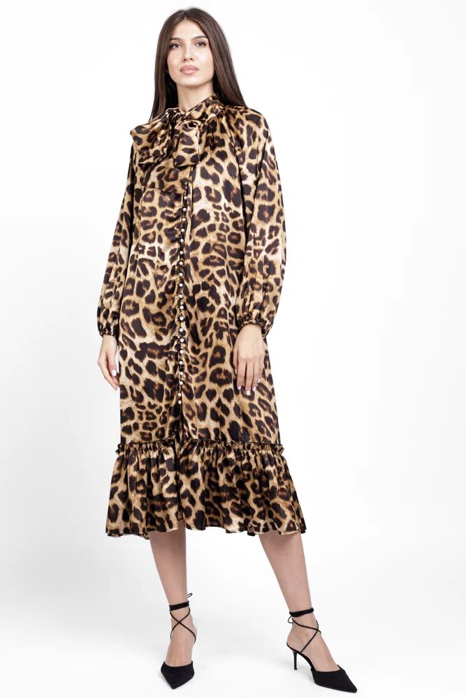 Shopika Rochie eleganta din satin cu nasturei albi perlati si imprimeu animal print