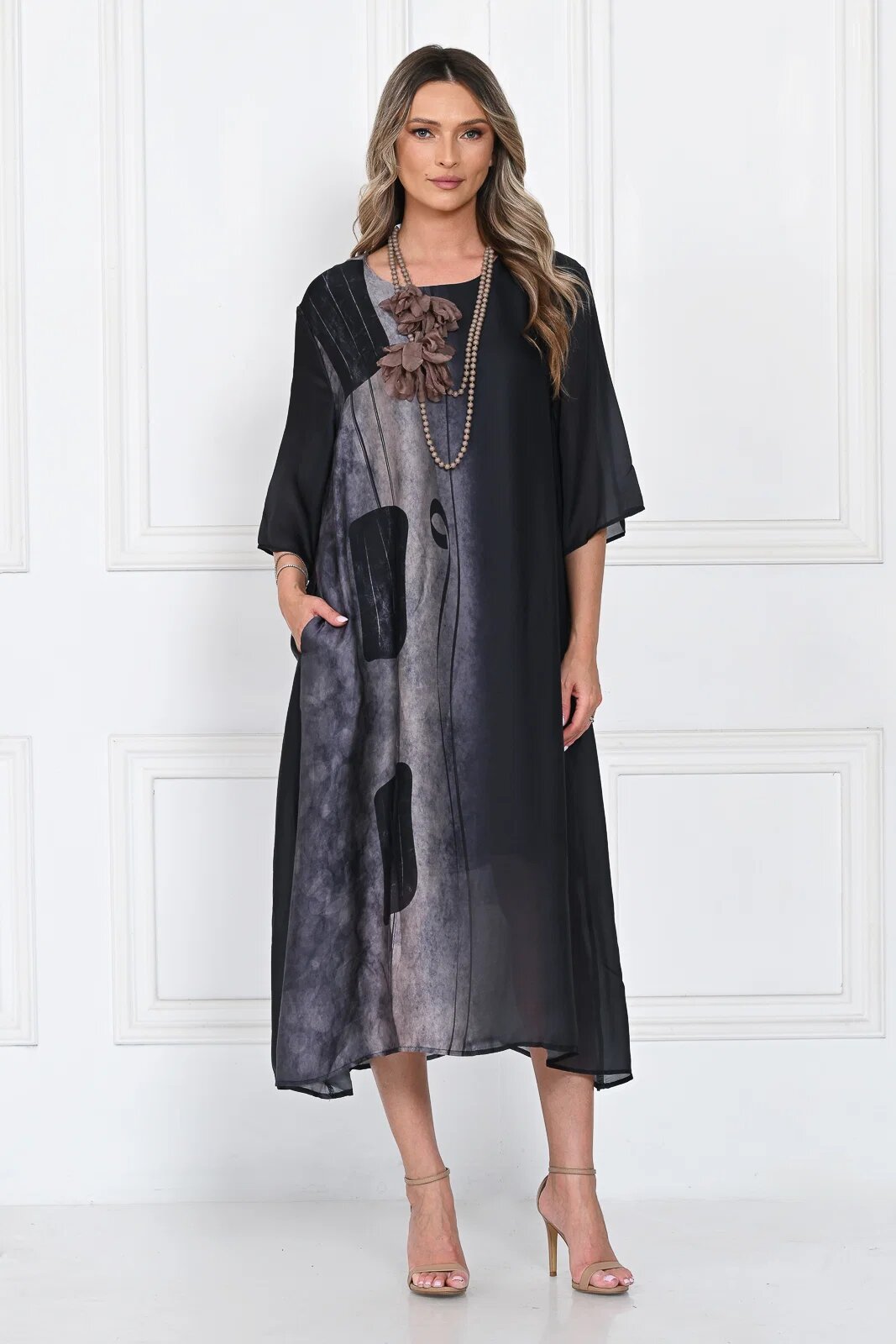 Shopika Rochie eleganta satinata A-line cu imprimeu abstract si croi lejer fluid negru-gri