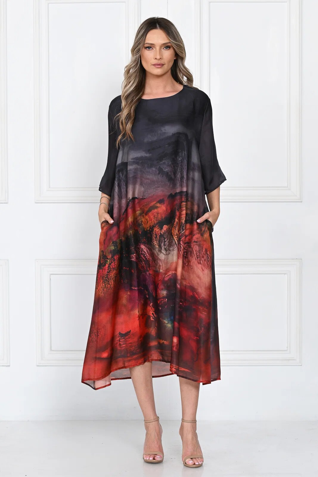 Shopika Rochie eleganta satinata A-line cu imprimeu artistic si croi lejer fluid negru-rosu-bordo