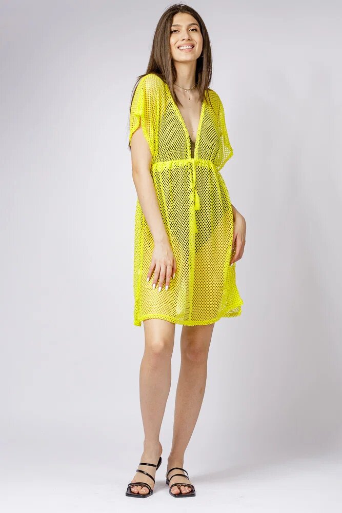 Shopika Rochie galben neon de plaja din plasa cu snur si despicaturi laterale