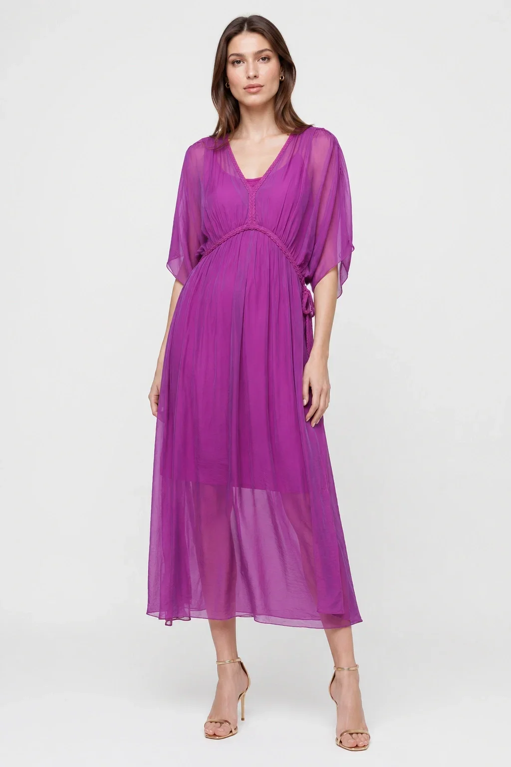Shopika Rochie Goddess din matase si vascoza cu snur impletit pe decolteu si talie magenta
