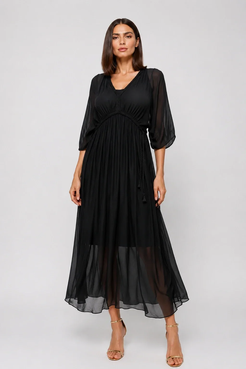 Shopika Rochie Goddess din matase si vascoza cu snur impletit pe decolteu si talie neagra