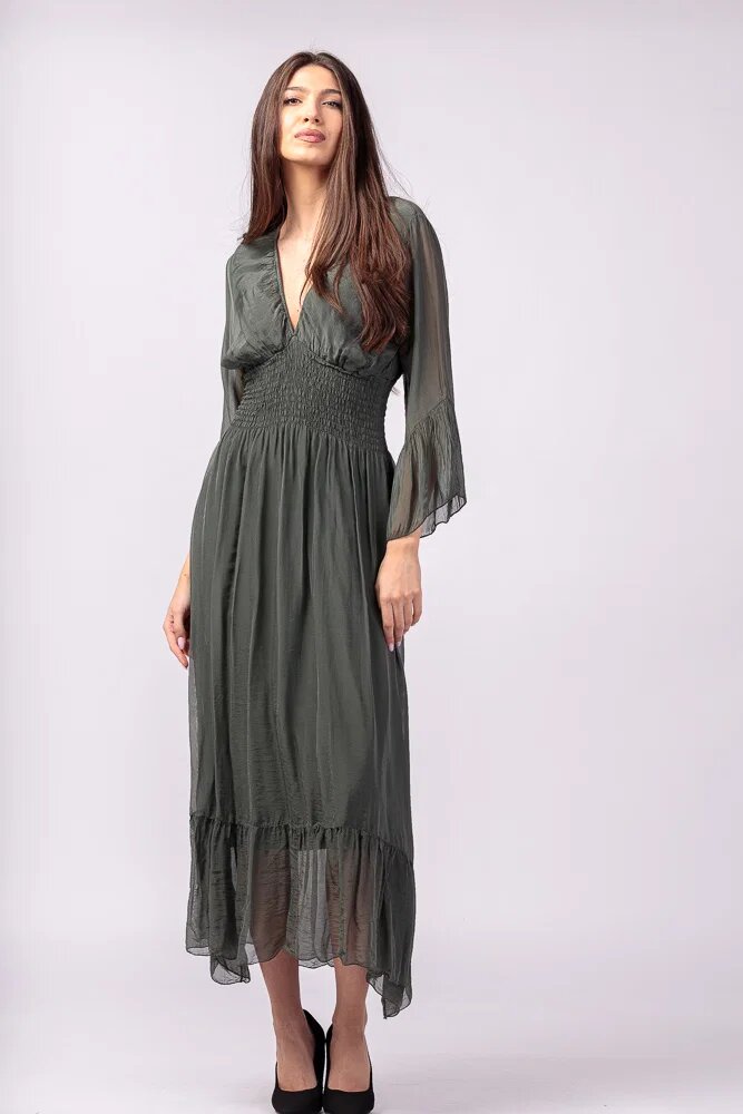 Shopika Rochie kaki din matase si vascoza cu banda elastica in talie si volane