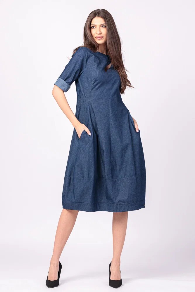 Shopika Rochie lalea cambrata cu fermoar din denim albastru subtire