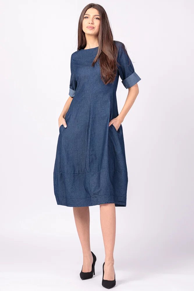 Shopika Rochie lalea cambrata cu fermoar din denim albastru subtire