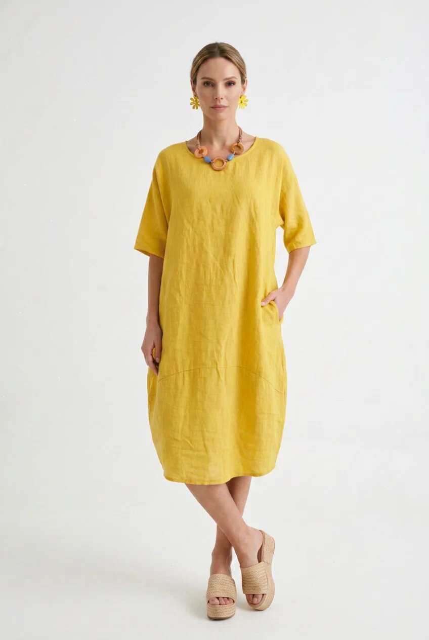 Shopika Rochie lejera de vara din in cu croi lalea oversized galben turmeric