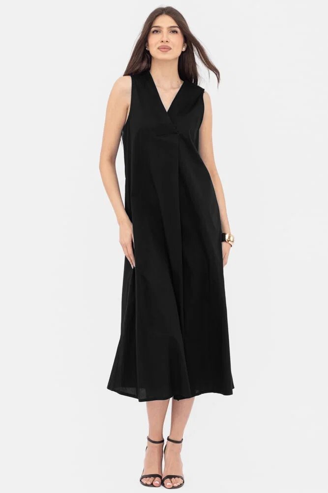 Shopika Rochie lunga A-line cu decolteu in V din poplin de bumbac neagra