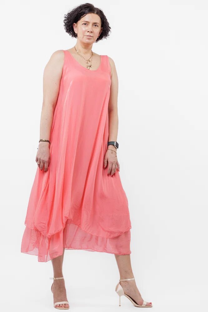 Shopika Rochie lunga A-line suprapusa din matase si vascoza roz coral
