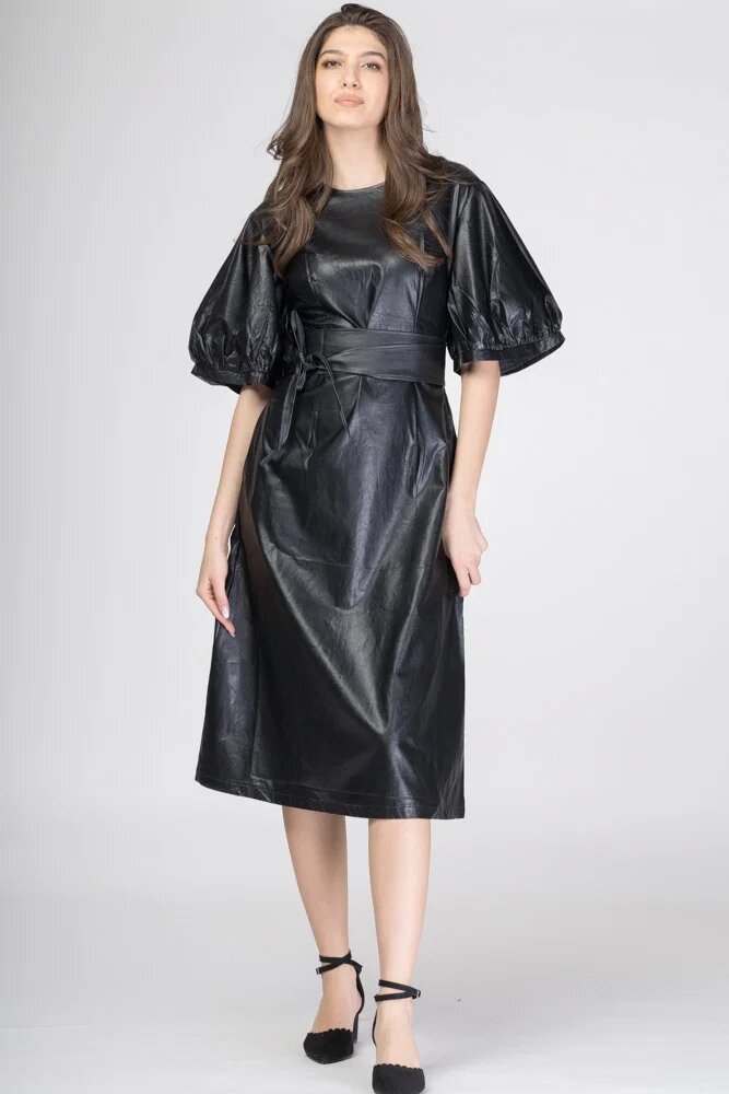 Shopika Rochie lunga cambrata din piele ecologica cu maneci bufante