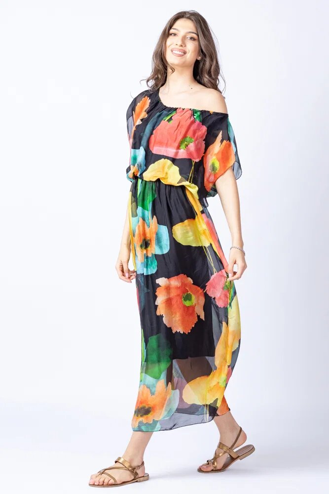 Shopika Rochie lunga cu imprimeu floral multicolor pe fond negru din matase si vascoza