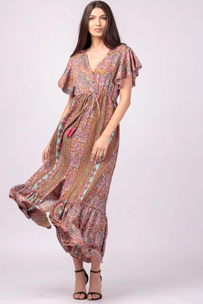 Shopika Rochie lunga cu volan si imprimeu floral din matase indiana in nuante de roz