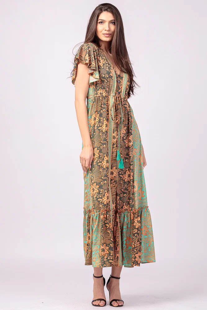 Shopika Rochie lunga cu volan si imprimeu floral din matase indiana verde menta - portocaliu