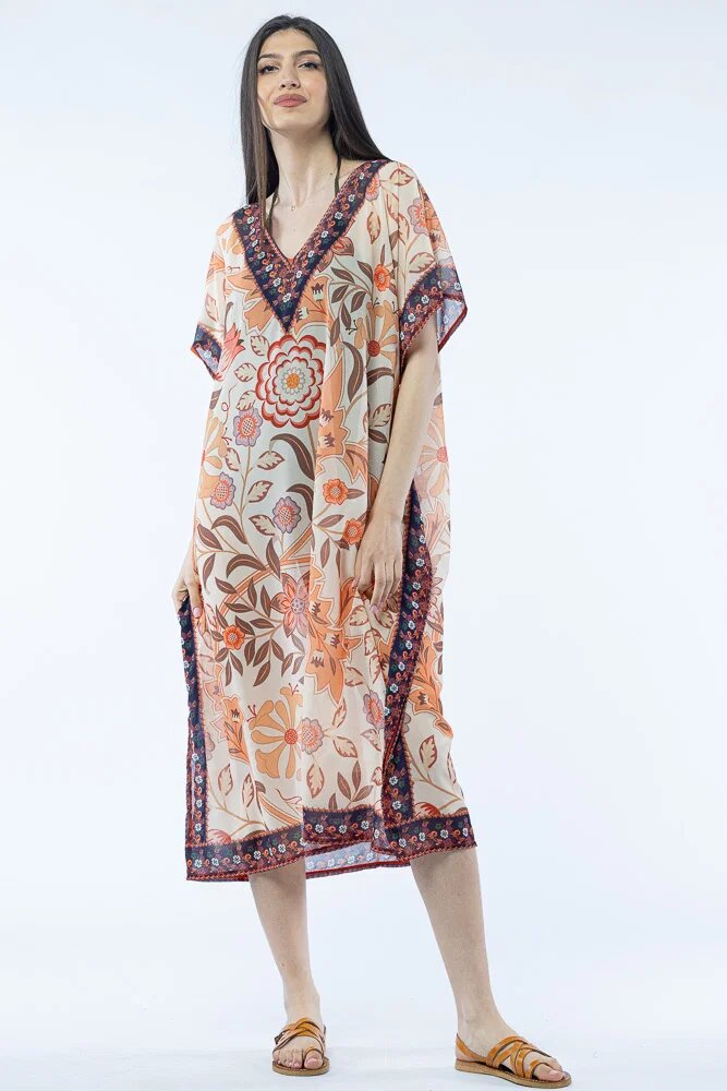 Shopika Rochie lunga de plaja tip poncho cu flori mari pe fond bej