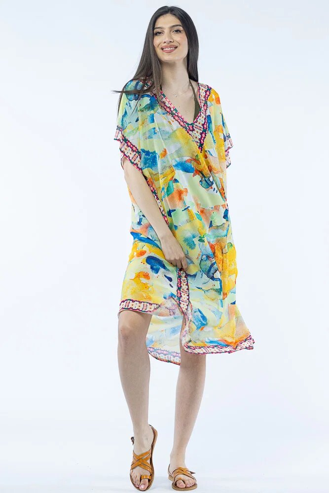 Shopika Rochie lunga de plaja tip poncho cu imprimeu acuarela multicolora