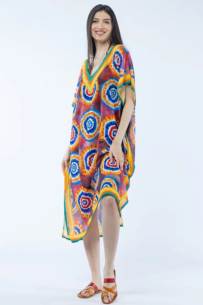 Shopika Rochie lunga de plaja tip poncho cu imprimeu circular cu rosu si albastru