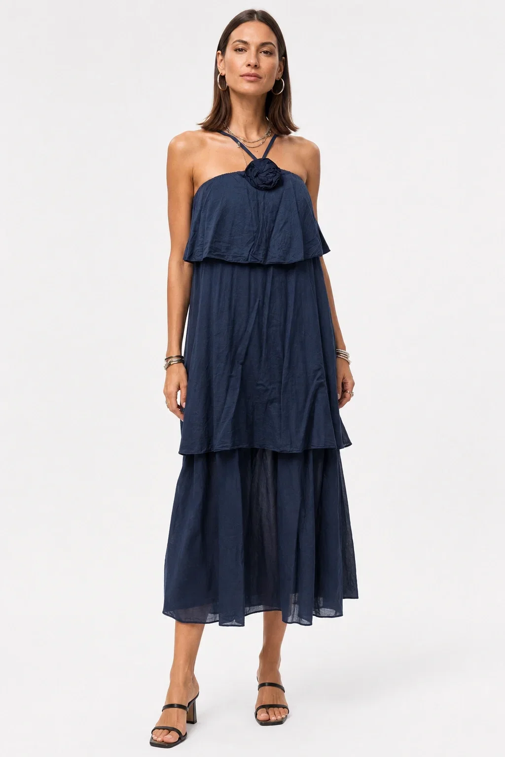 Shopika Rochie lunga din batist de bumbac cu bretele reglabile si floare decorativa bleumarin